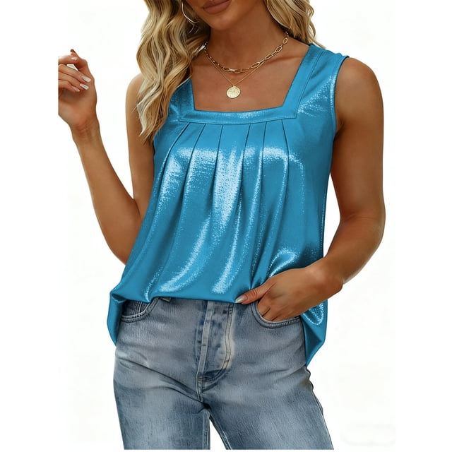 ZVNAΖH Women's Plus Size Shiny Metallic Sleeveless Tank Top, Sweet Square Neck Ruched Flowy Blouse for Casual Party, S-5XL