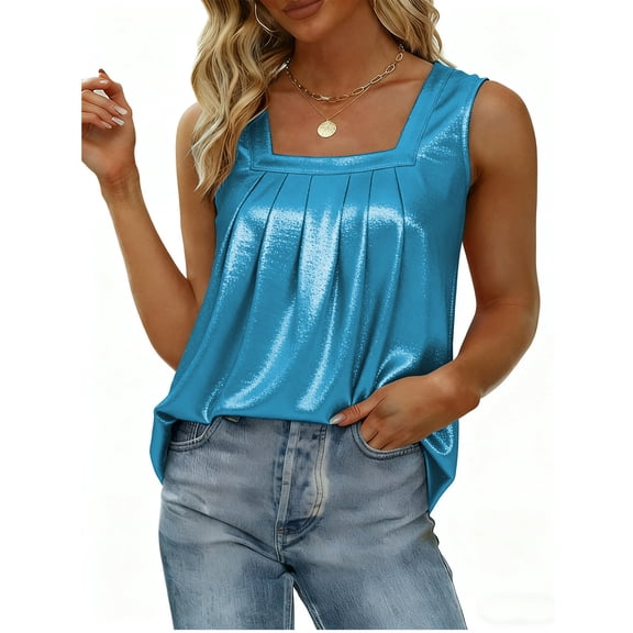 Womens Metallic Tank Tops Casual Square Neck Shiny Sparkly Top Party Night out Pleated Blouses( Sky Blue, 5XL )