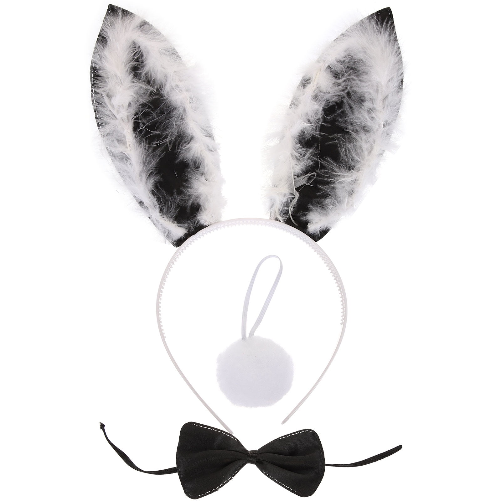 Set De Disfraz De Conejo Para Mujer – Diadema Con Orejas, Pajarita, Puños Y Cola De Conejo, Blanco, De Poliéster Con Acabado Satinado, Para Fiestas De Disfraces, Cosplay Y Halloween