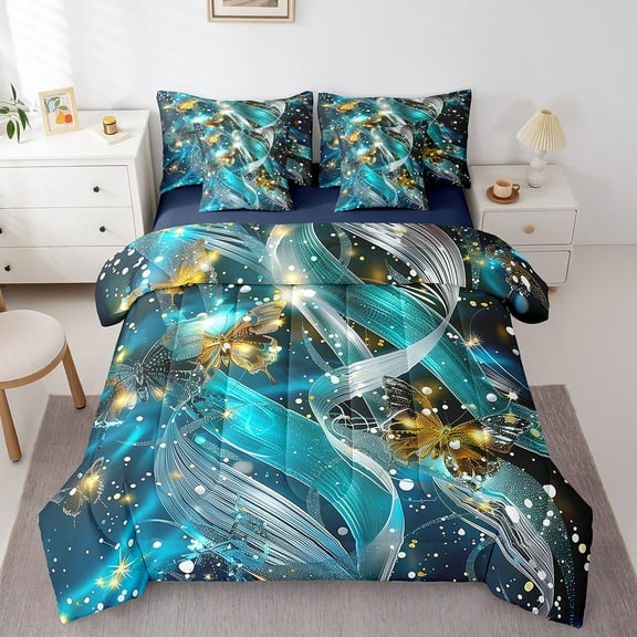 Erosebridal Gold Butterfly Bedding Twin Size, Dreamy Ribbon Comforter Sets with Sheets, Psychedelic Galaxy Duvet Set, Super Cozy Bedroom Decorative, Reversible 7-Piece
