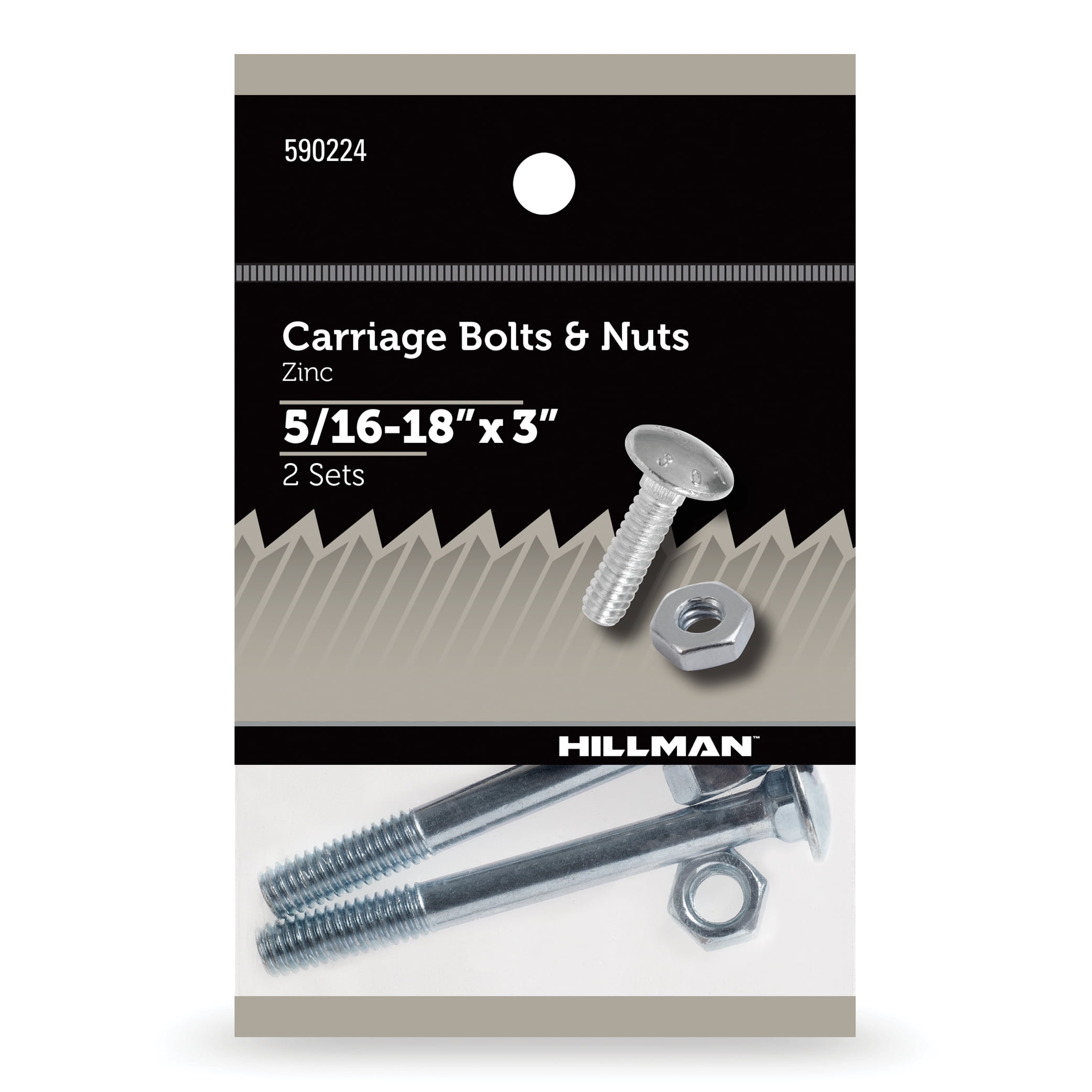 Hillman Carriage Bolts and Nuts, 5/16-18" x 3", Zinc Plated, Steel, 2 Sets