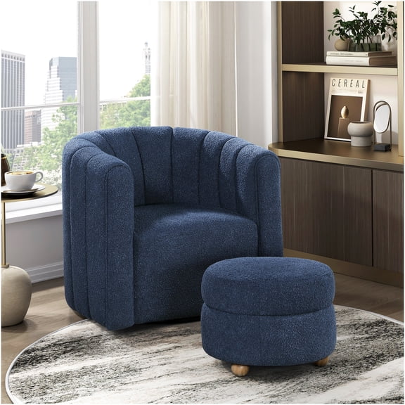 Blue Boucle Fabric Swivel Chair with Ottoman, Modern Accent Chair for Living Room