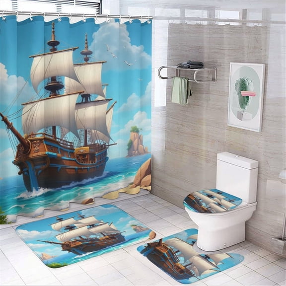 Beached Pirate Ship Scene Shower Curtain Set Modern Bathroom Decor Mats 4pcs Fabric Bathroom Curtain Slip Floor Rug Toilet Lid