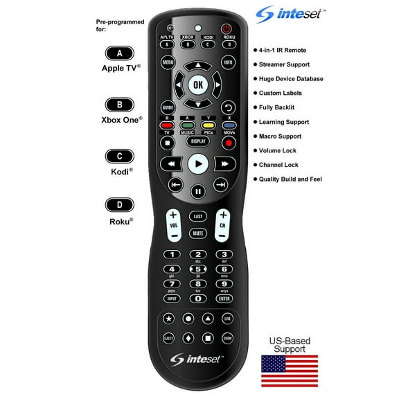 Inteset 4-in-1 Universal Backlit IR Learning Remote Control, Single Piece, with INT-422 Universal Remote Control, for Apple TV, Xbox One, Roku, Black
