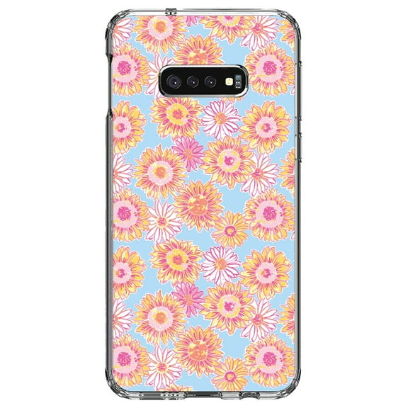 DistinctInk Clear Shockproof Hybrid Case for Samsung Galaxy S10e (5.8" Screen) - TPU Bumper, Acrylic Back, Tempered Glass Screen Protector - Preppy Pattern - Blue Pink Yellow Flowers Floral