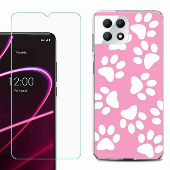 Phone Case for T-Mobile Revvl 7 5G, Shockproof Case Cover with Tempered Glass Screen Protector, by OneToughShield - Pet Paw/ Pink