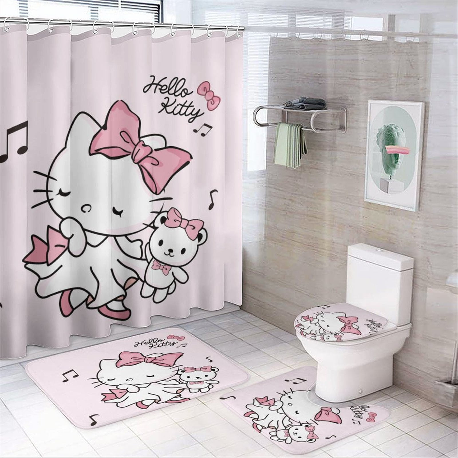 Hello Kitty Shower Curtain Anime Cat Bathroom Set 4 Piece Bathroom