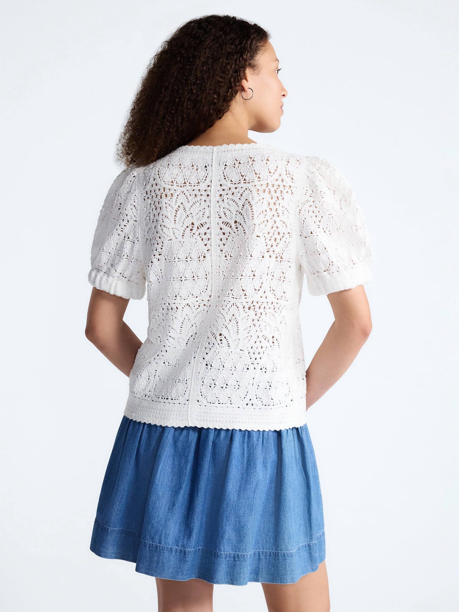 Free Assembly Women's and Women's Plus Pineapple Cardigan Sweater with Short Puff Sleeves, Lightweight, Sizes XS-4X