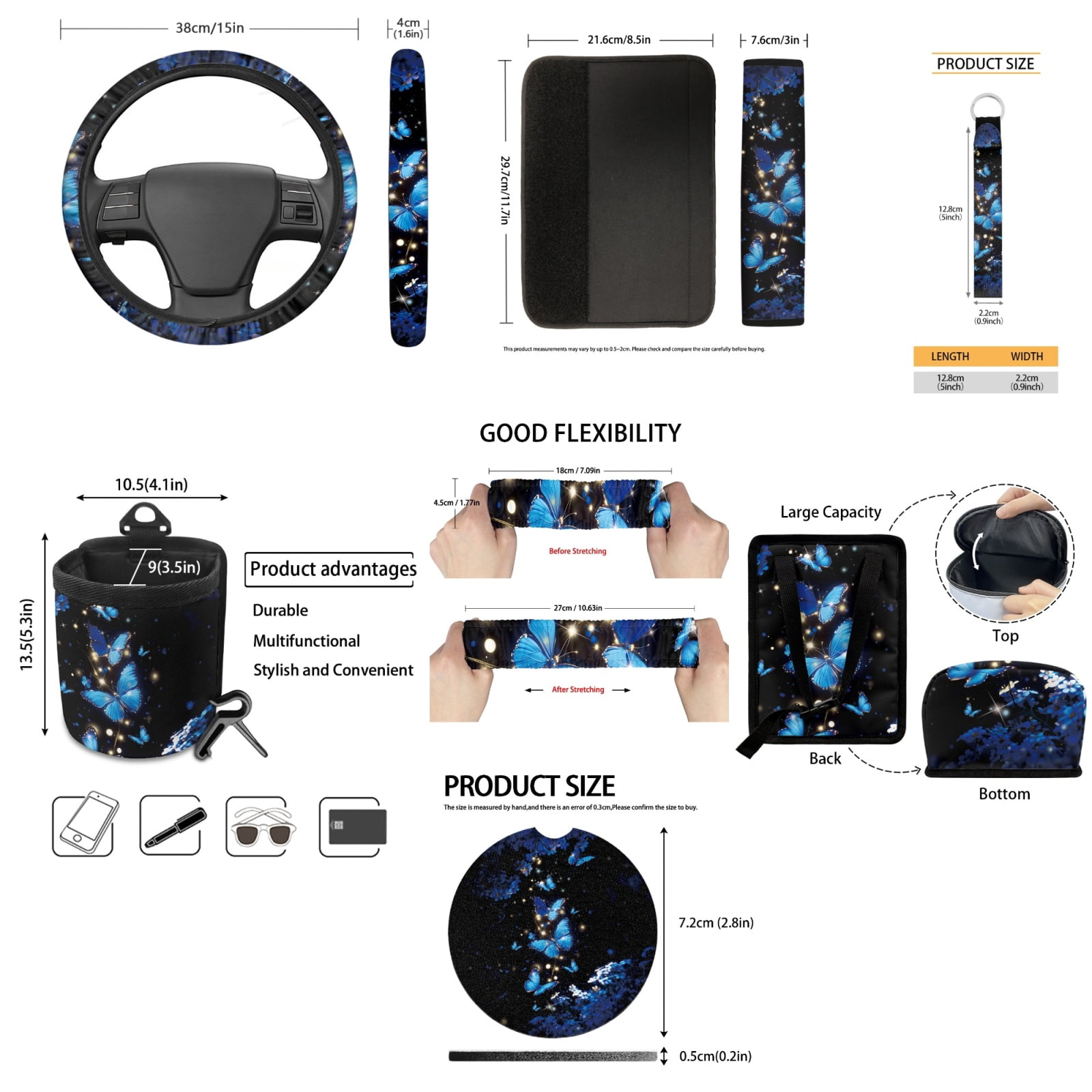 Jeiento Butterfly Car Front Back Seat Covers with Steering Wheel Cover Seat Belt Pads Cup Coasters Garbage Cans Rear View Mirror Cover Keychain Blue Air Vent Storage Holder Set of 15