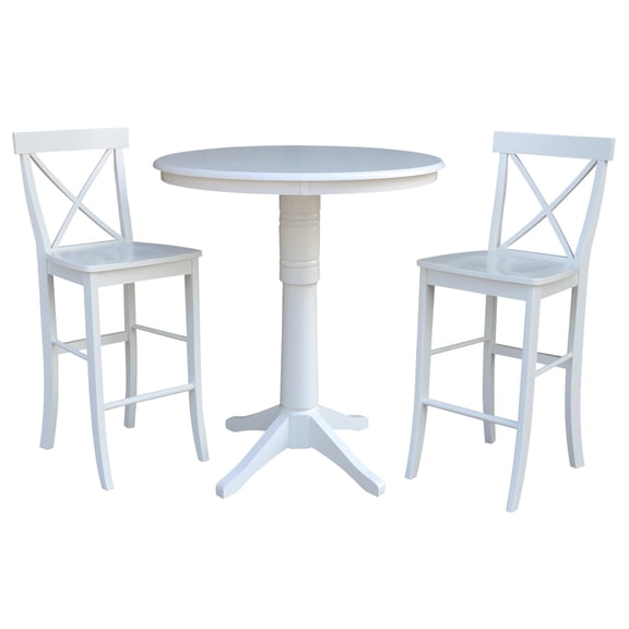36" Round Bar Height Table and 2 X-back Stools - White - 3 Piece Set