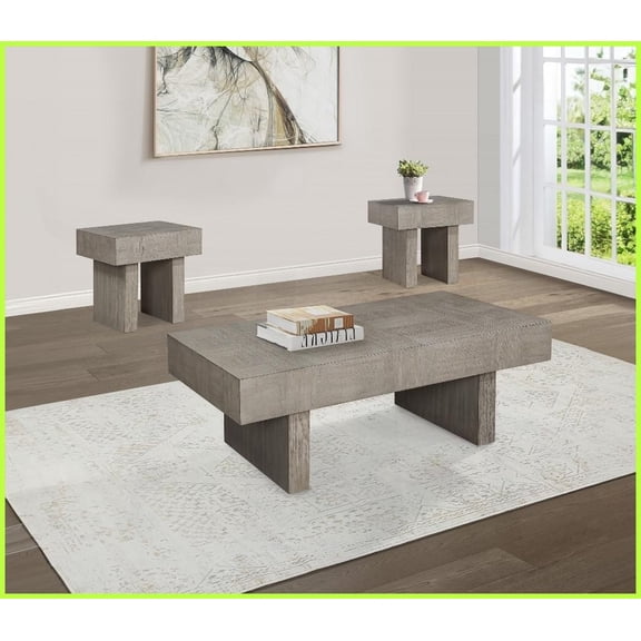 3-Piece Contemporary Farmhouse Wooden Coffee Table Set for Living Room – Brown Gray Finish, Easy Assembly