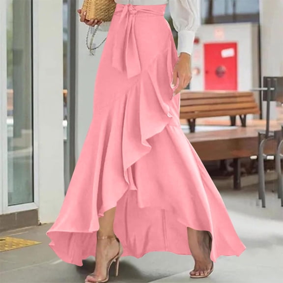 Skirts for Women High Waist Wrap Skirt with Asymmetrical Hem Flowy Belted A-Line Long Skirt for Women (Pink XXL)