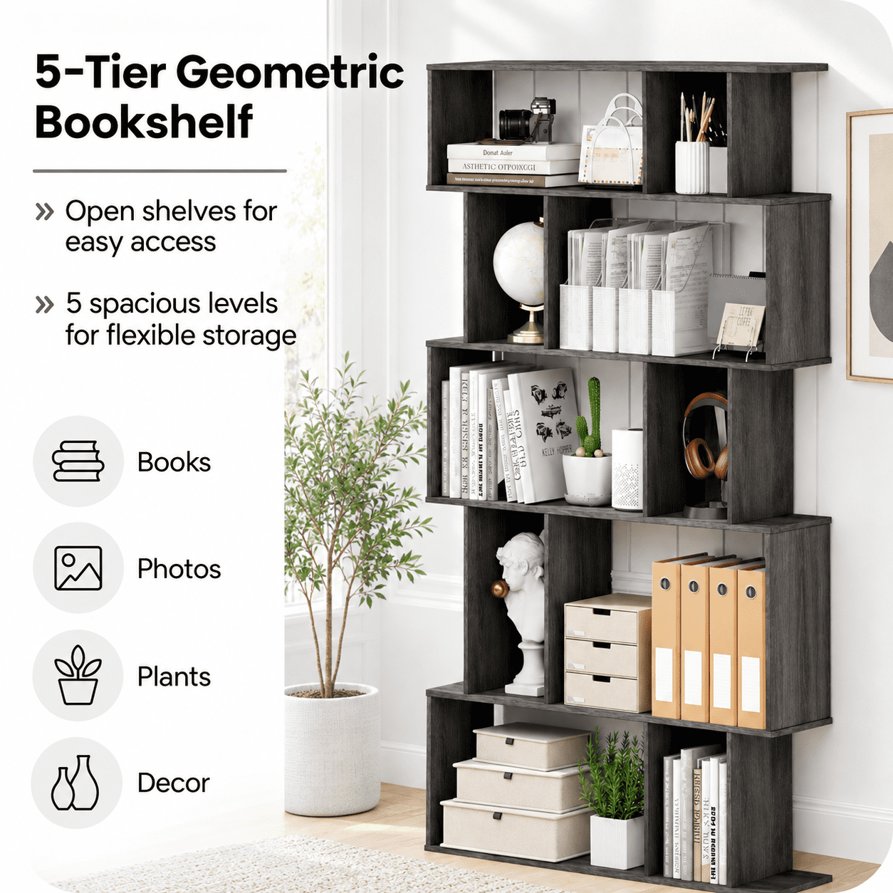 Furnibear 5 Tier Tall Bookshelf Bookcase with Open Shelves and Closed-Back Cube Storage for Living Room Home Office and Bedroom, Oak