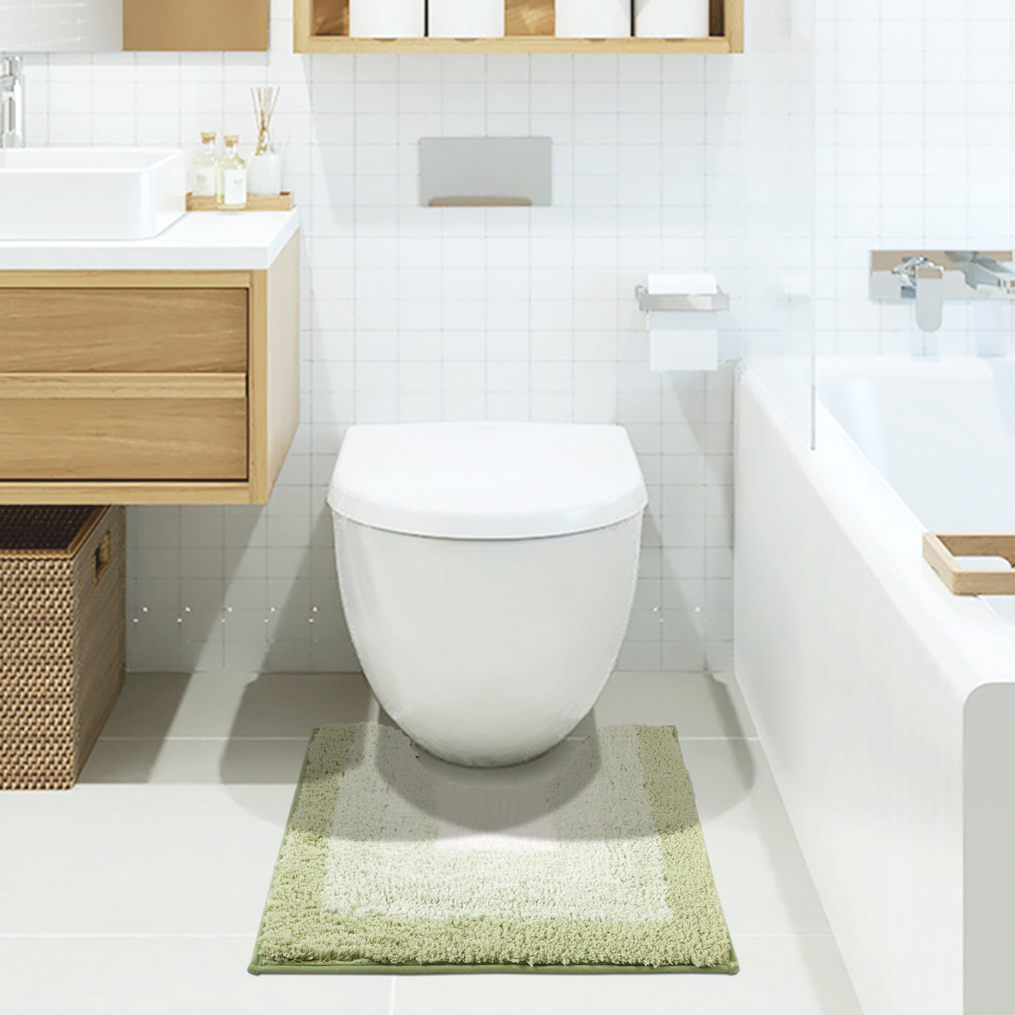Unique Bargains Absorbent Bath Rug Non-Slip Plush Shaggy Bath Carpet Bath Mats Green Geometry U-Shaped 20" x 20"