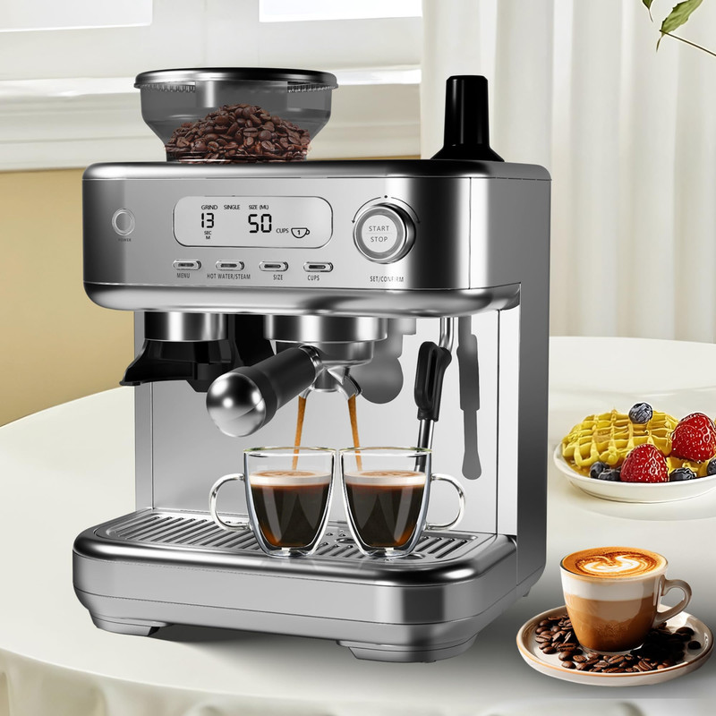 Towallmark 15 Bar 78 Oz Semi-Automatic Espresso Machine with Grinder, Built-In Coffee Grinder and Milk Frother, LCD Display Cappuccino Latte Maker, Stainless Steel Coffee Machine for Home Use
