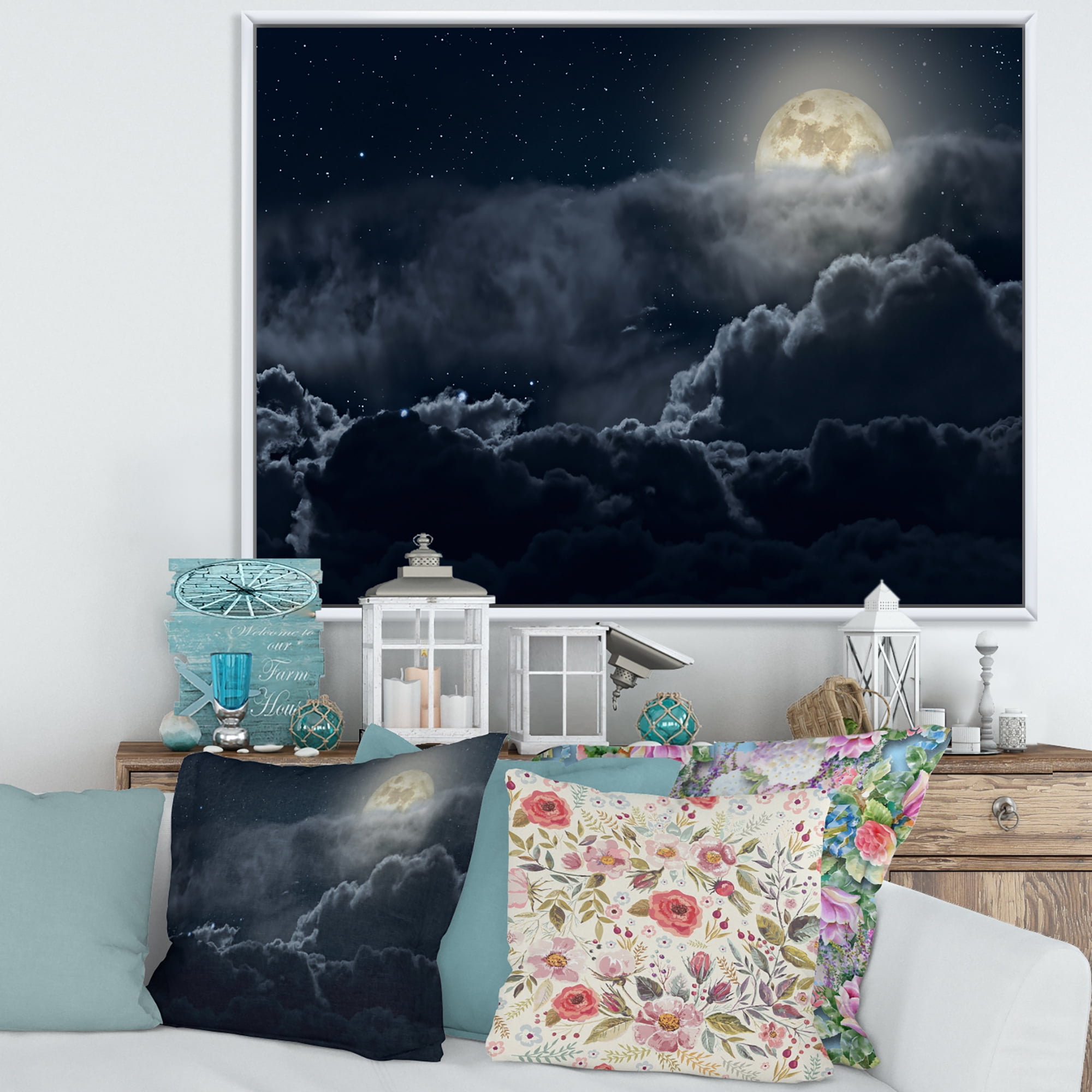 Designart 'Cloudy Full Moon Night With Stars' Nautical & Coastal Framed Canvas Wall Art Print