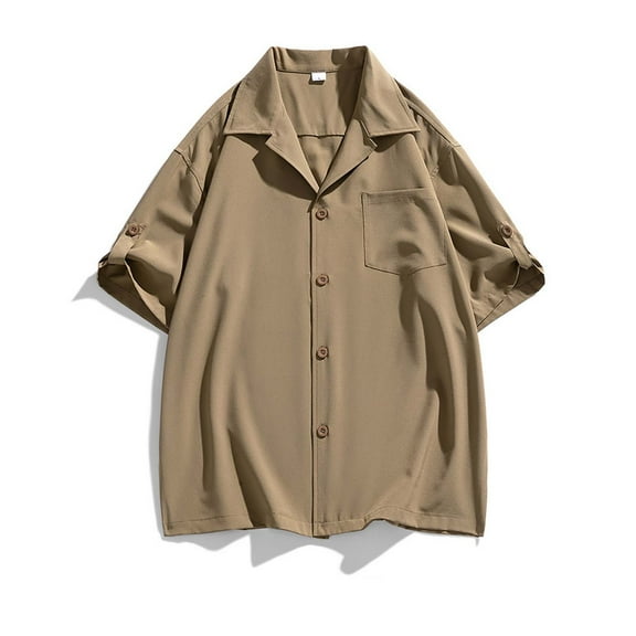 Mens Shirts Plus Size Short Sleeve Button Lapel Pocket Casual Solid Blouses Khaki XXXL