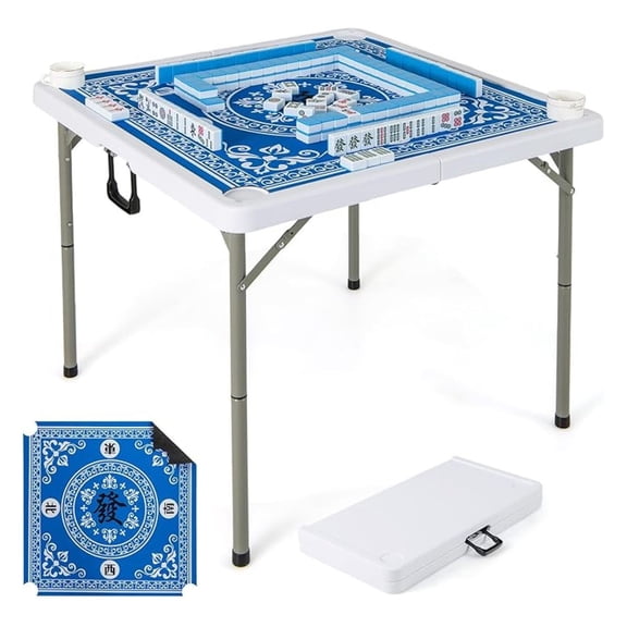 Mahjong Table Foldable with Mahjong Mat, 4-Player Square Domino Table w/Cup Holders & Carrying Handle, Anti Slip Noise Reduction for Mahjong, , Card Board Games (Light Blue)