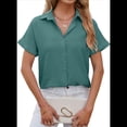 thumbnail image 2 of Mawalde Womens Solid Color Button Down Shirt Summer Loose Fit Short Sleeved Cozy Chiffon Shirt Dark Green XL, 2 of 7