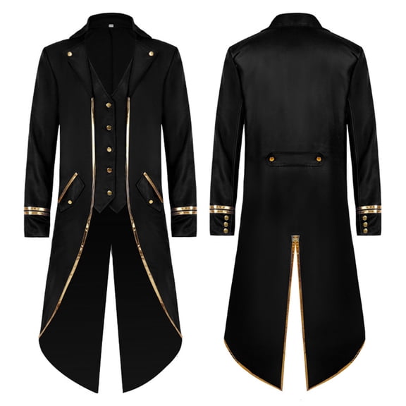 Mens Tailcoat Gothic Tuxedo Steampunk Jacket, Medieval Halloween Costume with Gold Trim, Retro Victorian Frock Coat for Cosplay Party 1 Pcs Black L