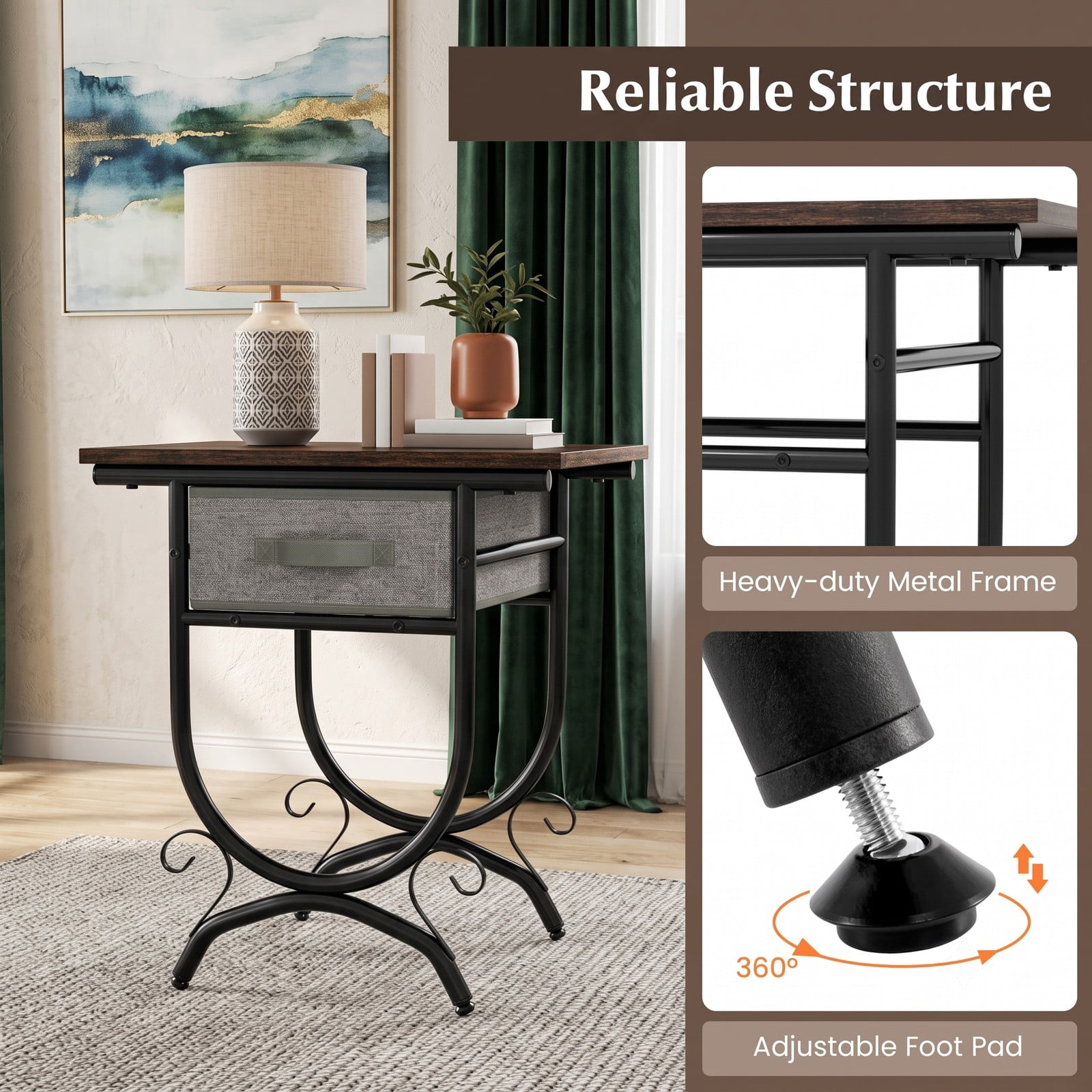 Furnibear Side Table with Fabric Drawer and Carved Metal Frame Nightstand for the Living Room and Bedroom, Black and Gray