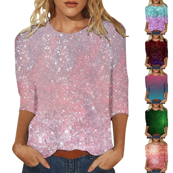 Womens 3/4 Sleeve Shirts Oversized Printed T Shirt Casual Sequined Round Neck Loose Fashion Top Trendy Flowy Tees
