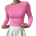 thumbnail image 2 of Camisas de Larga para Mujer, Corte Entallado, Cuello Redondo, Ropa de Otoño, Costuras Expuestas, Blusas Básicas Acanaladas. Rosa M, 2 of 7