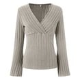 thumbnail image 4 of zaveiop Women's Long Sleeve Bodysuit Tops Wrap V Neck Ribbed Knit Jumpsuit (Khaki, XS), 4 of 9