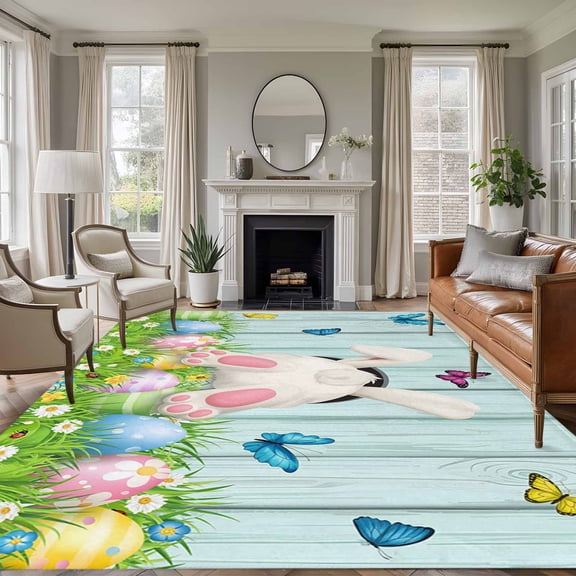 5'x7' Area Rugs for Living Room Bedroom, Easter Washable Rug Carpet Runner Indoor Outdoor, Spring Easter Eggs Bunny Teal Wooden Grain Non Slip Floor Mats Area Rug for Kitchen, Nursery
