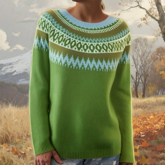 Stralyhd Fair Isle Sweater Women Boho Vintage Knitted Women Sweaters Plus Size Long Sleeve Round Neck Pullover Knitwear Black Sweaters for Women Army Green XXL