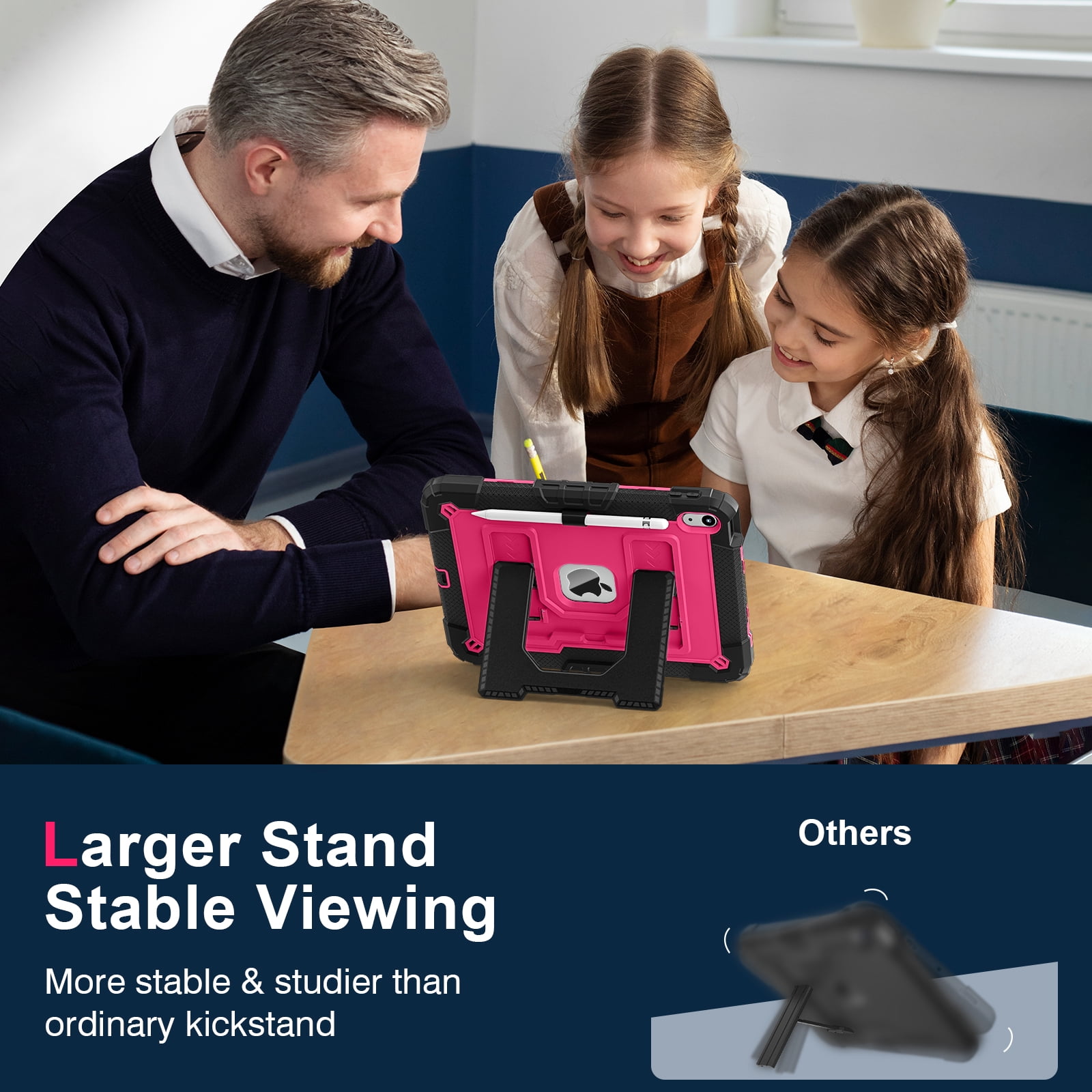 Allytechgroup Rugged Case for Apple iPad 9th 8th 7th Generation 10.2 inch 2021/2020/2019, Heavy Duty Protective Tablet Case with Kickstand, Pencil Holder & Detachable Shoulder Strap, Black+Rose