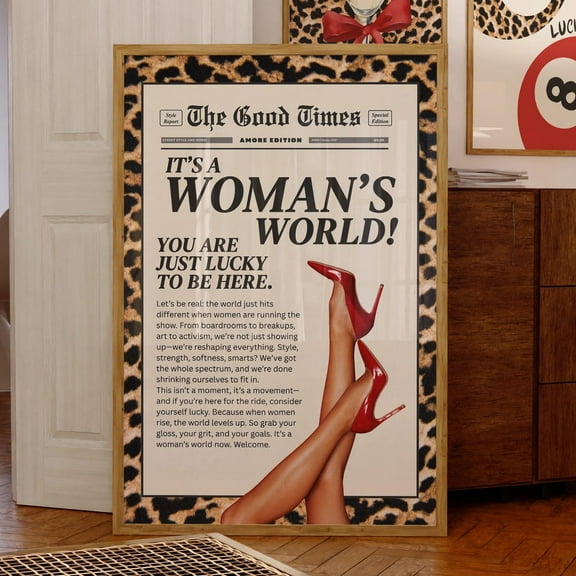 Miluva Leopard Wall Art Retro Newspaper Print Feminist "It'S A Woman'S World" Art Vintage Magazine Style Fashion Heels Wall Decor Unframed Decor For Living Room Bedroom, 8x12 UNFRAMED