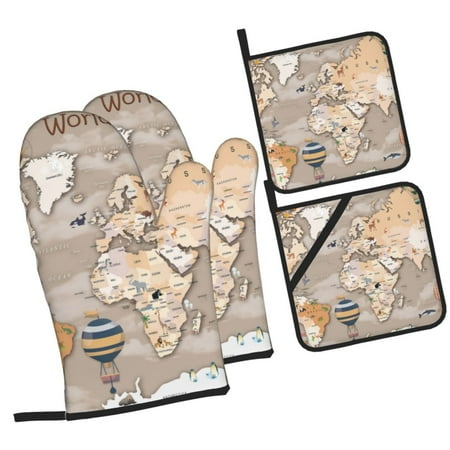 

Pofeuu World Map With Animals Print Oven Mitts and Pot Holders 4 pcs Set High Heat Resistant 500 Degree Extra Thicken Long Kitchen Cotton Oven Glove for Cooking