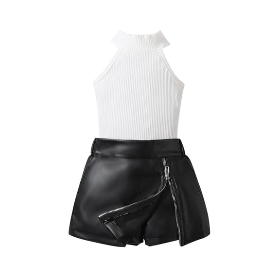 KDSJSXW Girls Clothes Europe And The United States Children's Summer Girls Strip Vest Top  Pu Lederhosen Skirt Children Two Set Kids Summer Clothes Girls Shorts Girls Summer Outfits(White,90)