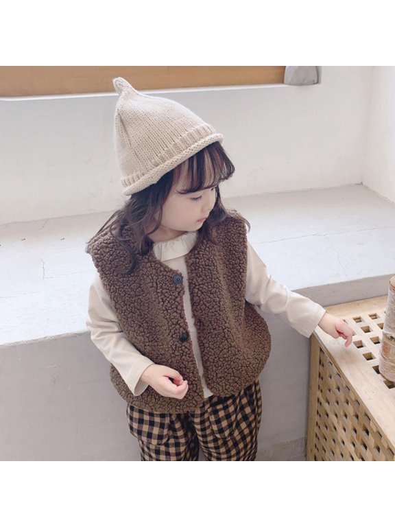 Winter Korean Girl Lamb Wool Thickened Warm Vest Vest (9048) Dark Coffee 130-15 Size