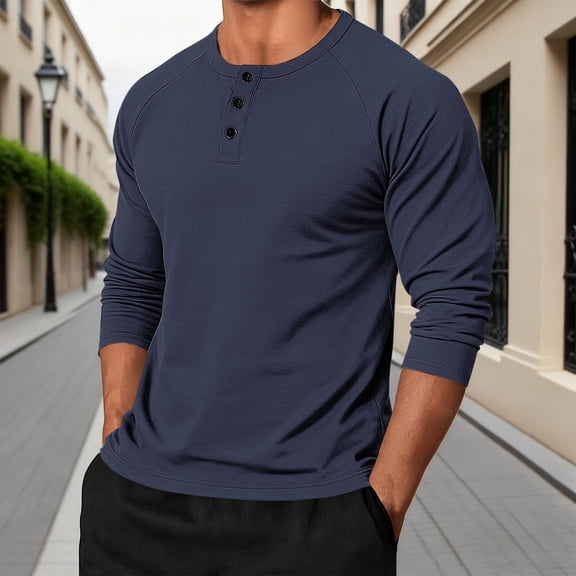 Men's Henley Shirts Long Sleeve Casual Classic T-Shirts Button Pullover Solid Color Crewneck Tee Shirts Fitness Sports Basic Tops