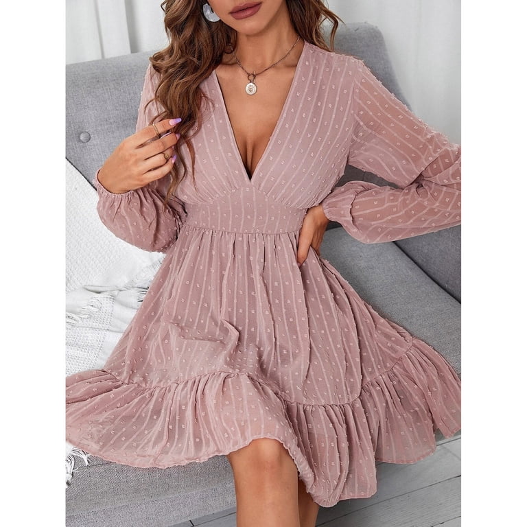 knee length dresses for ladies Norma Kamali Long Sleeve Deep V Ruffle Mini Dress main image 1
