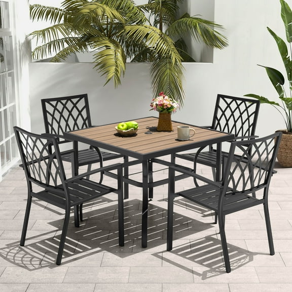 Nuu Garden 5-Piece Outdoor Metal Dining Set, 4 Stackable Chairs & 37" Square Table with Umbrella Hole and Faux Wood Tabletop, Weather-Resistant Patio Furniture, Black