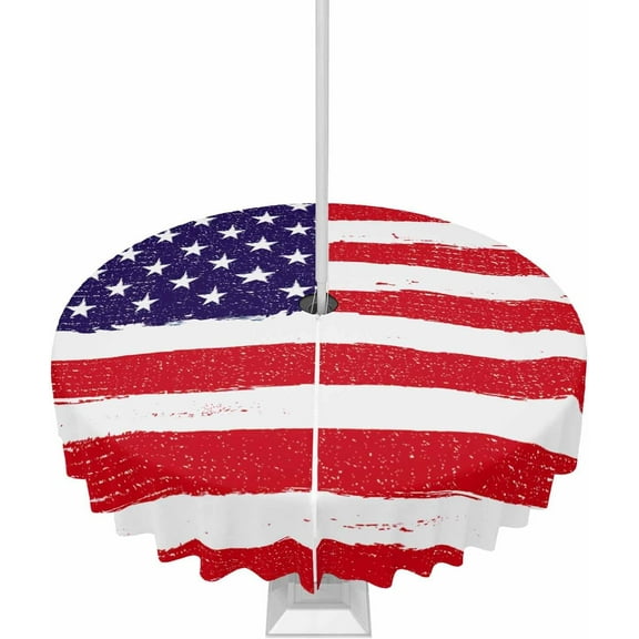 4th of July Outdoor Tablecloth with Umbrella Hole and Zipper American Flag Round Tablecloths 60 Inch Waterproof Table Cloths Red Blue White Star Stripes Patio Table Cover for Independence Day Party