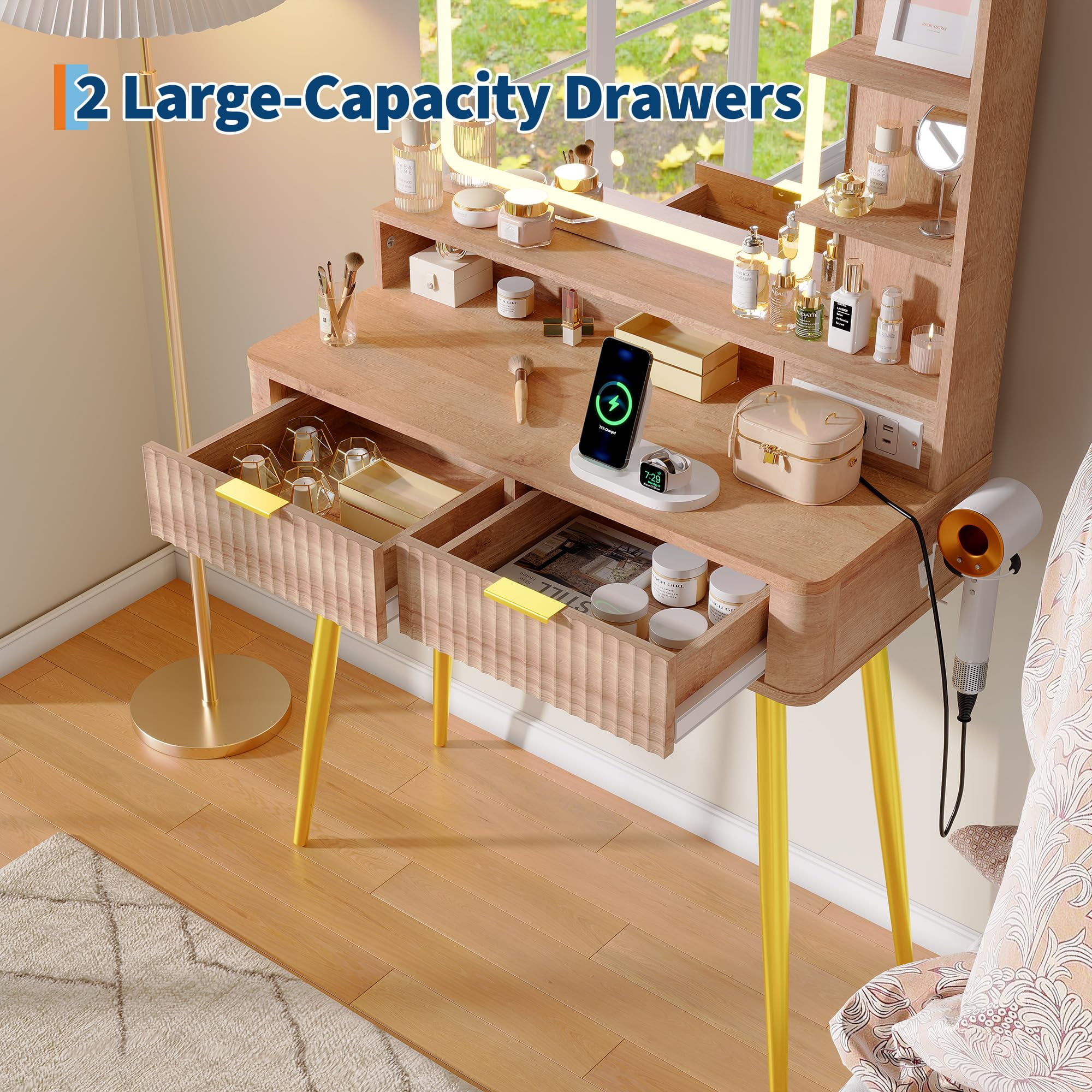Fluted Vanity Desk with Mirror and Lights, 31 in Small Makeup Vanity Storage Cabinet & 2 Drawers, 3 Lighting Modes, Stylish Dressing Table for Bedroom