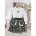 thumbnail image 2 of Toddler Girls Fall Outfits Heart Cutout Crew Neck Long Sleeve Tops and Pearl Button Plaid Skirts Set, 2 of 8