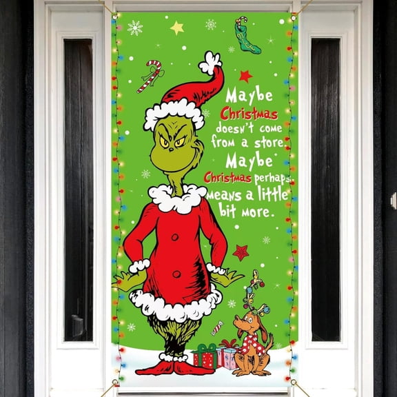 Green Christmas Door Cover - Whoville Winter Holiday Party Decoration, Front Porch Sign Backdrop Banner for Home Indoor Outdoor Decor