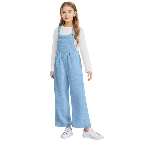 TEAJOPSUU Girls Overalls Kids Cute Fluffy Square Neck Sleeveless Wide Leg Jumpsuits Casual Adjustable Straps Outfit Loose Fall Romper with Pockets A-Blue