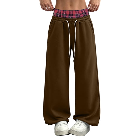 Women Baggy Double Waisted Camo Plaid Stripes Wide Leg Sweatpants Side Pockets, 2 in 1, Double Waist Pants, Wide Leg Pants, High Waist Trousers,Workout, Streetwear