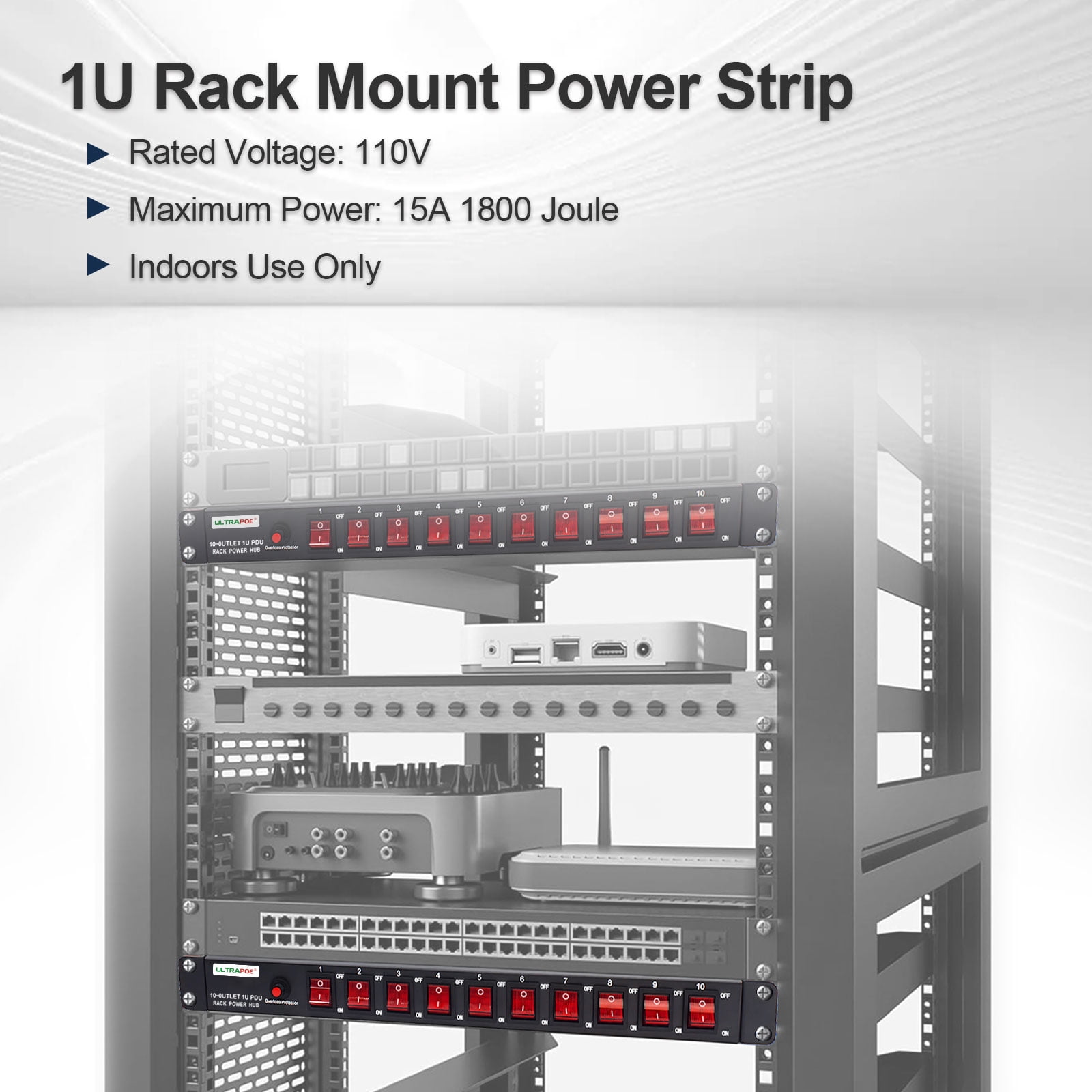 ULTRAPOE PDU Power Strip Surge Protector, 10-Outlet, 1U Network-Grade, Full Metal, Rackmount