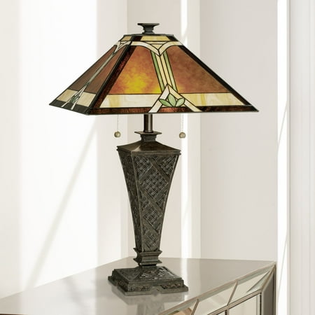 How To Glass Bed Robert Louis Tiffany Mission Table Lamp Bronze Wicker Pattern Stained Art Glass Shade for Living Room Family Bedroom Bedside ()