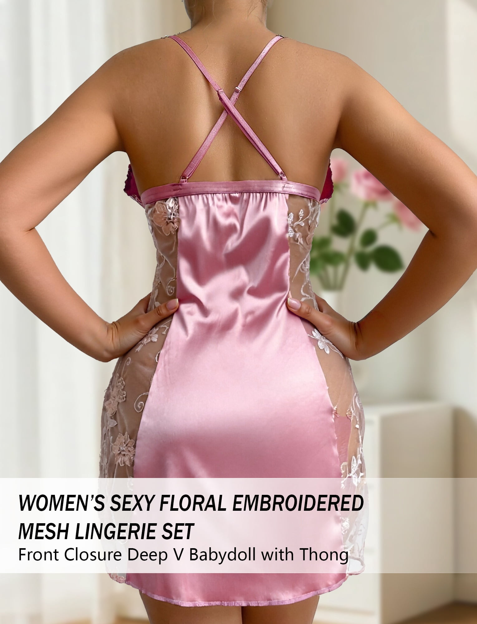 Ausing Women's Satin Nightgowns Sleepwear Floral Embroidered Deep V Sleep Dresses Lace Trim Sheer Chemise Closure Front Night Dress Mesh Babydoll Lingerie Set Night Dress M Pink