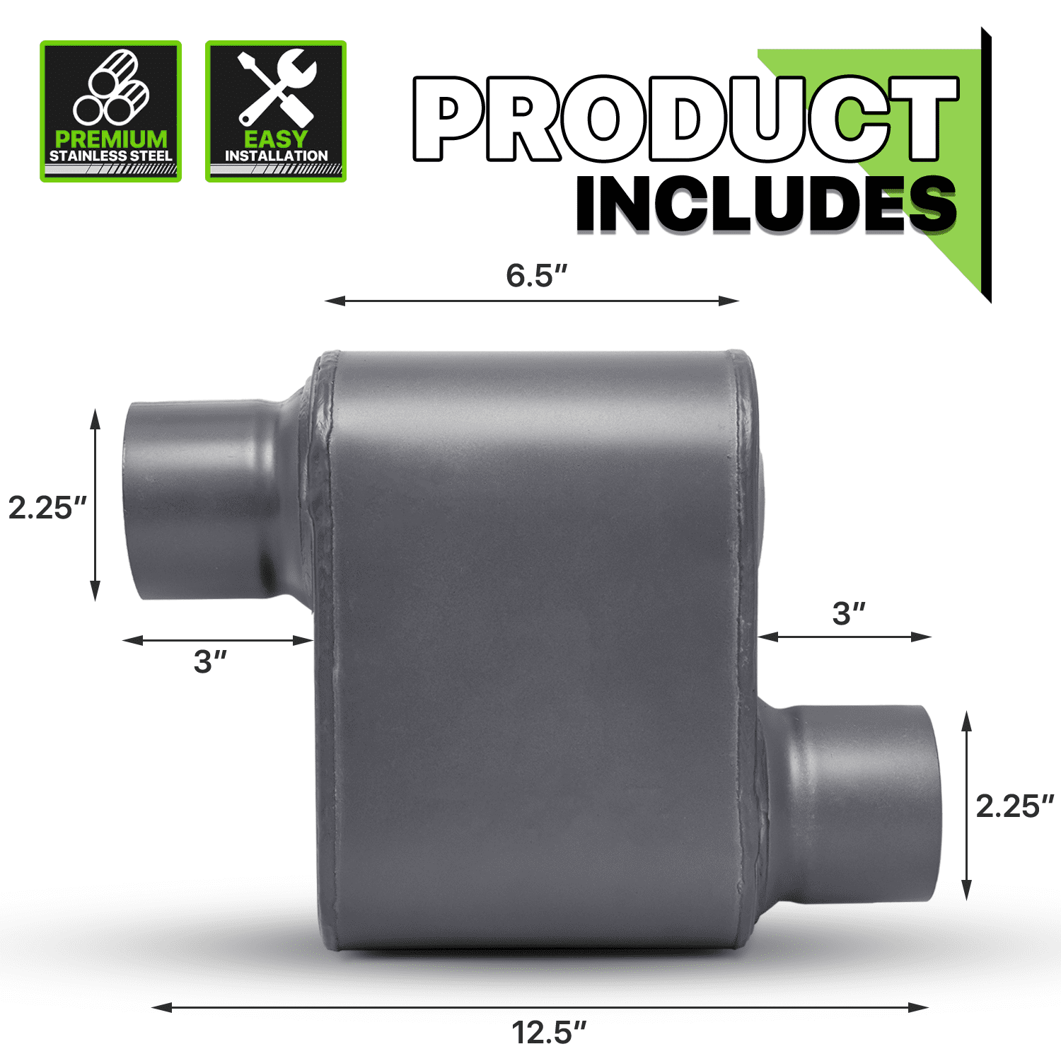 Magshion 2.25 Inch Inlet/Outlet 1 Pair Chambered Exhaust Muffler Straight-Through Stainless Steel Round Tip, Gray