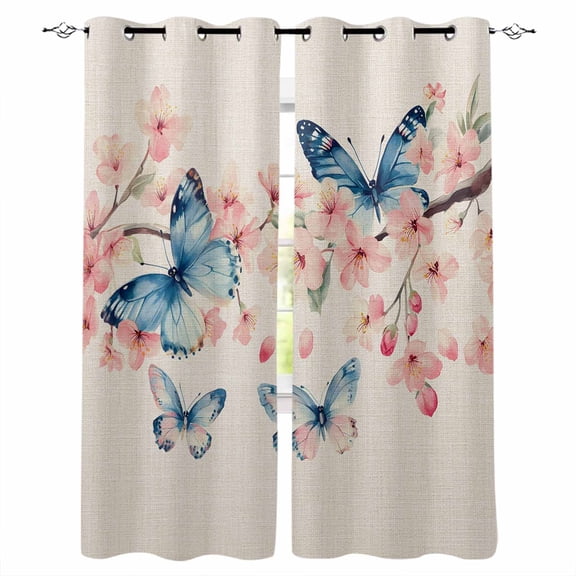 Vintage Butterfly Blackout Curtains for Bedroom/Living Room, Thermal Insulated Kitchen Curtains, Spring Watercolor Blossom Floral Grommet Darkening Window Treatment Drapes 27.5"x39"x2