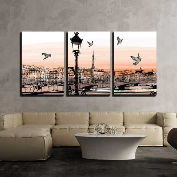 wall26 - 3 Piece Canvas Wall Art - Vector - Sunset on Seine River from Pont Des Arts in Paris - Vector Illustration - Modern Home Art Stretched and Framed Ready to Hang - 16"x24"x3 Panels